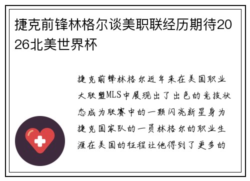 捷克前锋林格尔谈美职联经历期待2026北美世界杯 捷克前锋林格尔谈美职联经历期待2026北美世界杯